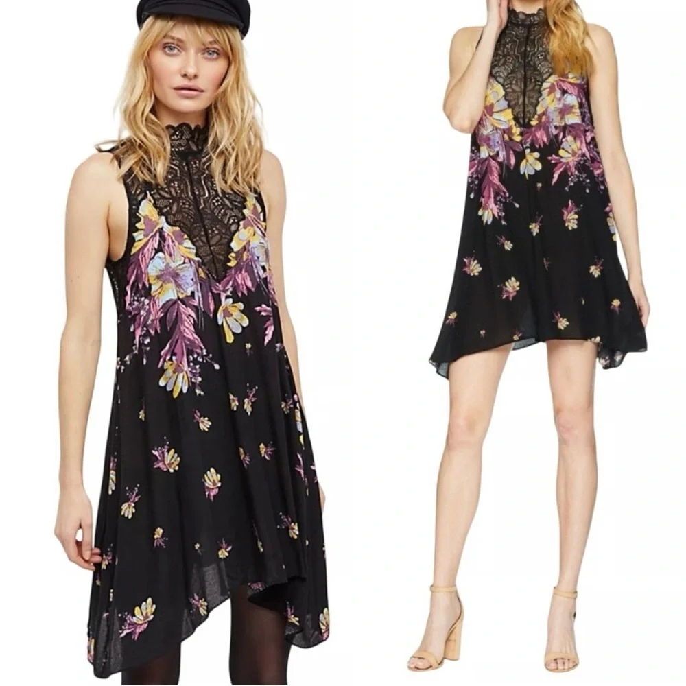 Free People‎ Intimately Floral Lace Mini Dress Black Multicolor Size M